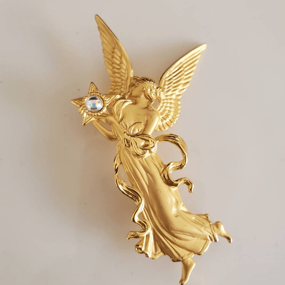 JJ Jonette Gold Tone Angel Brooch with Star and‎ Rhinestone Accent Matte Finish - Picture 1 of 6